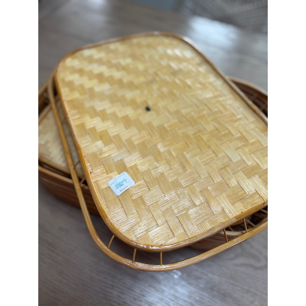 Set 10 Woven Bamboo Trays Natural Geometric Diamond Pattern Boho Serving Decor - Picture 5 of 10